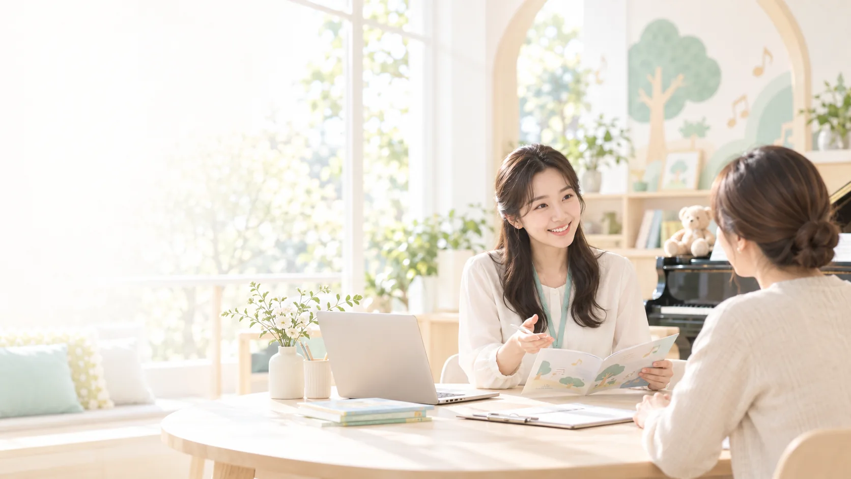 교육 프로그램을 함께 살펴보는 상담 장면 (AI 연출 이미지)